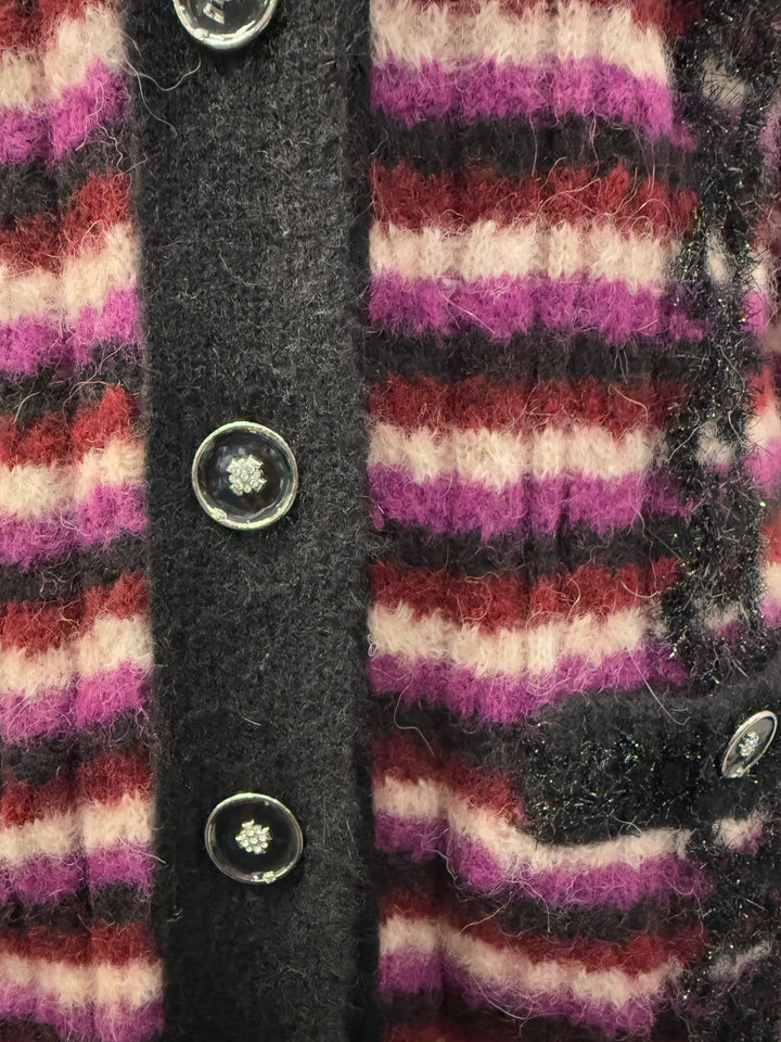 Chanel L/S V Neck Alpaca Striped Black Trim Cardigan Size 34