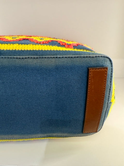 Pre Owned Tory Burch Medium Woven Handle Crochet Denim & Multi Color Tote