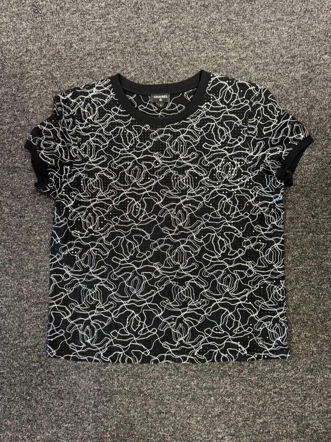 Chanel Knit Crew Neck Swirl Print Sequin Tshirt Size S
