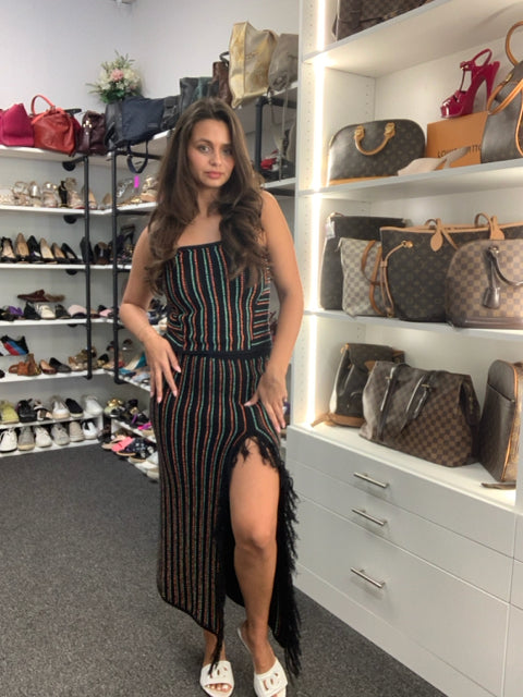 Pre Owned Celendine 2 Piece Black Strapless w/ Orange + Blue Stripe Sz S Set