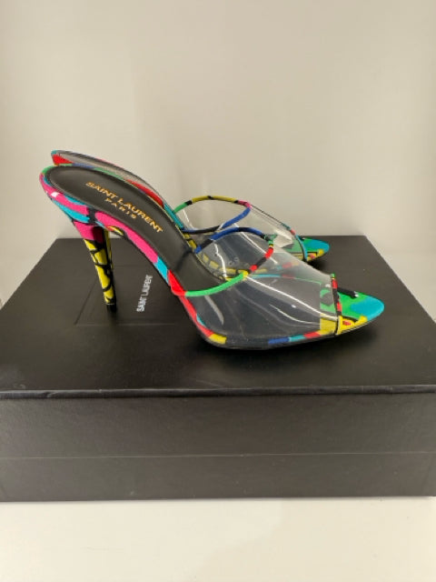 Yves Saint Laurent Sz 7.5 Multi Color w/ Clear Front  Mules Shoes