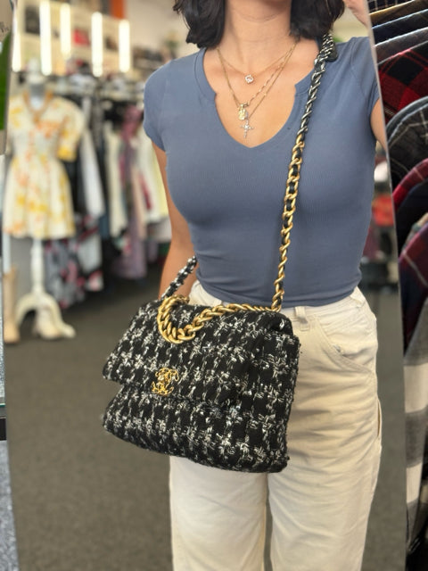 Chanel 19 Flap Tweed Hand Bag Two Tone