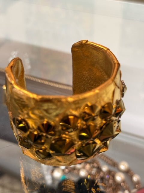 TED ROSSI gold Leather nyc scaled w/ studs Cuff  Bracelet
