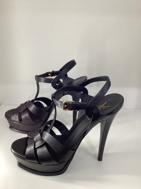 Sz 38 Yves Saint Laurent Black Tribute Leather Heels Sandals Shoes