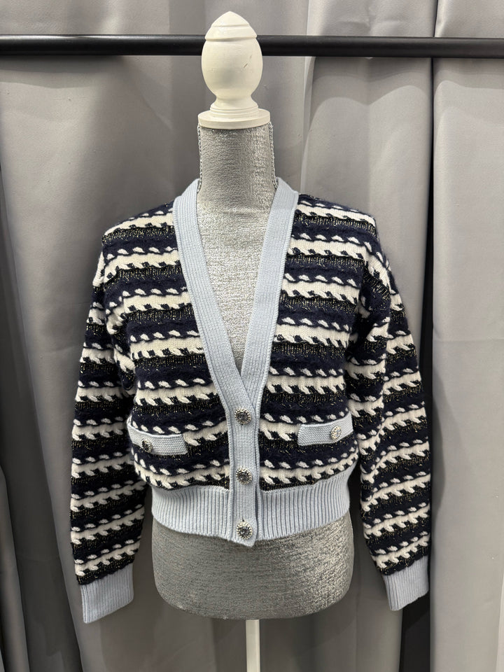 Chanel 2022 Textured Cashmere/Cotton V-Neck CC Buttons Cardigan Size 38