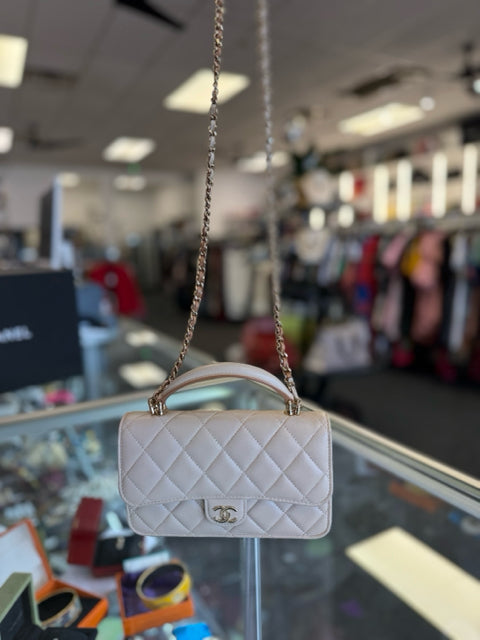 Chanel 2023 Beige Leather Chain Top Handle Crossbody Bags