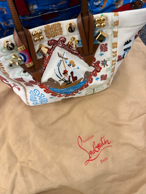 Pre Owned Christian Louboutin Tan Canvas Greekaba Embrd Crossbody w/ Dustbag Designer