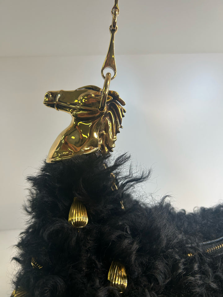 Chloe Chain Black Horse Shoulder Bag in Curly Shearling