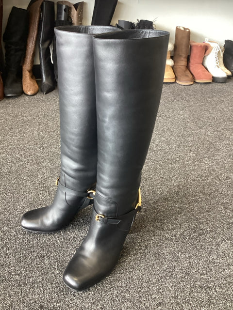 Gucci Sz 9.5 Black Leather Knee High Boots Designer Shoes