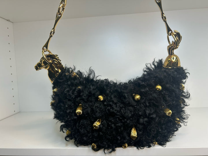 Chloe Chain Black Horse Shoulder Bag in Curly Shearling