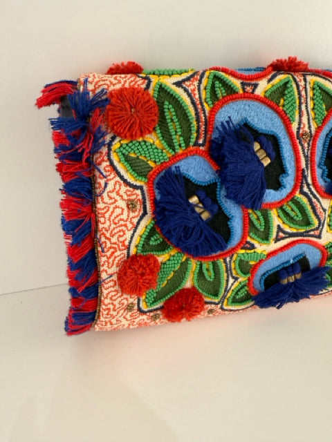 Pre Owned Tory Burch Fold Over Bead and Tassel Clutch Bag.