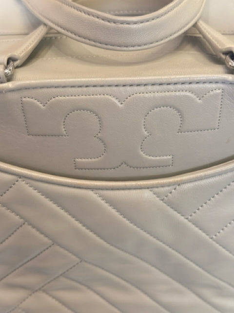 Tory Burch Alexa 2 Handle Chevron Grey Leather Hand Bag Bowler