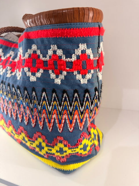 Pre Owned Tory Burch Medium Woven Handle Crochet Denim & Multi Color Tote