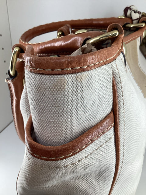 Pre Owned Coach Beige Leather handles w/coach logo and C logo scarf Tote Bag.