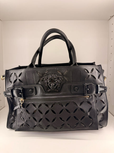 Pre Owned Versace Designer Palazzo Perforated Leather Tote with Shoulder Strap with Madusa Hardware Runway Designer