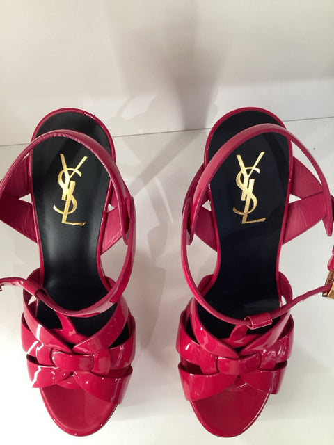 Sz 38 Yves Saint Laurent Fuschia Tribute Patent Leather Sandals Shoes w/ box