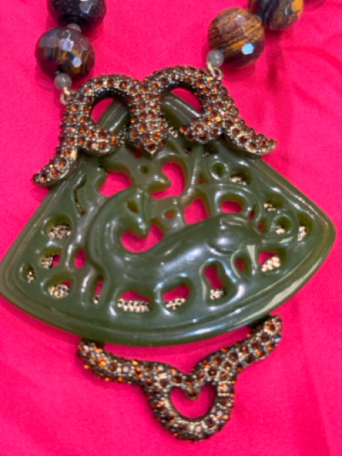 Heidi Daus Jade green Dragon Carved w Rhinestone Brown Glass beads Necklace