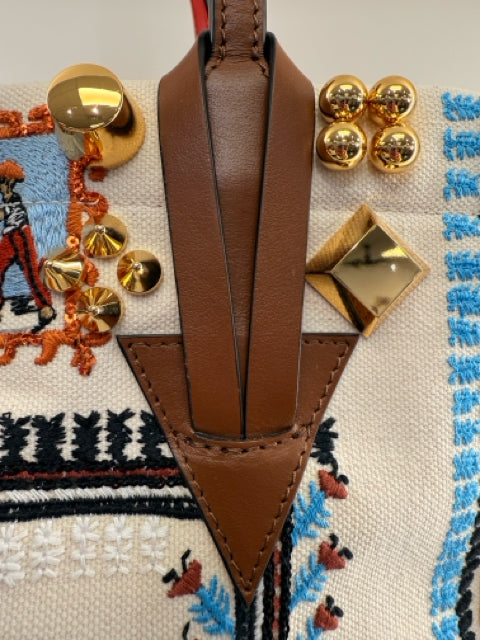 Pre Owned Christian Louboutin Tan Canvas Greekaba Embrd Crossbody w/ Dustbag Designer