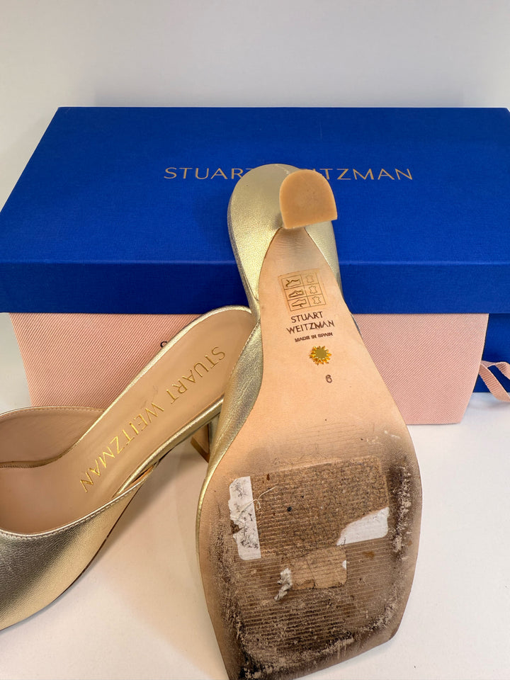 Stuart Weitzman Sz 6 Gold Kitten Heel Tia Sandal Mules in Box