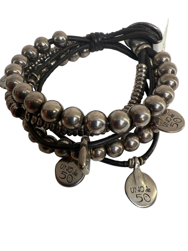 Uno De 50 5 strand leather small/large silver beads Bracelet