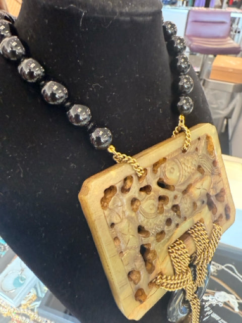 Heidi Daus Asian inspired Black Beads & tassle Fish Jadeite Fish Carving Necklace