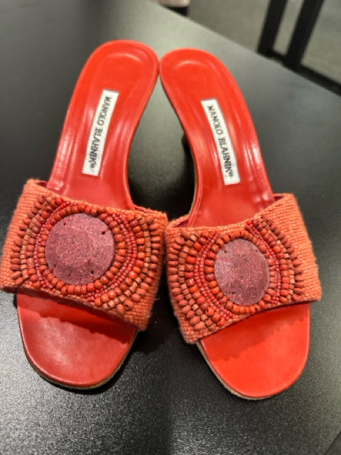 Manolo Blahnik Sz 39 Orange Kitten Heels Sandals Shoe