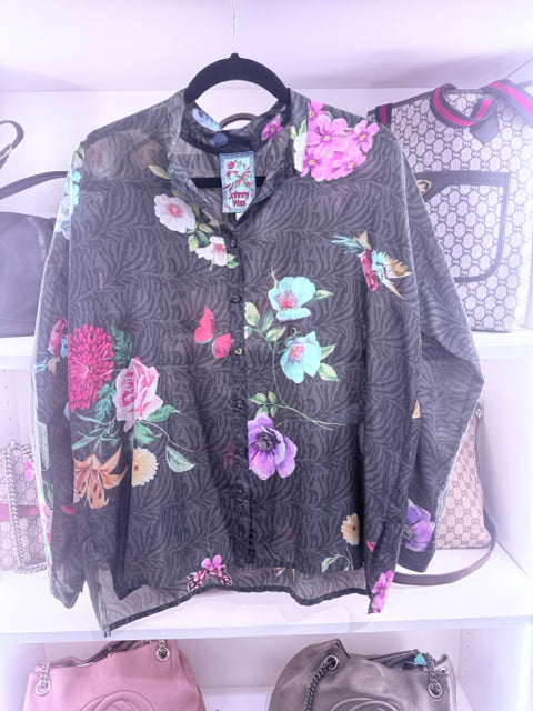 Johnny Was Sz S Silk Floral Shirt Dress Blouse