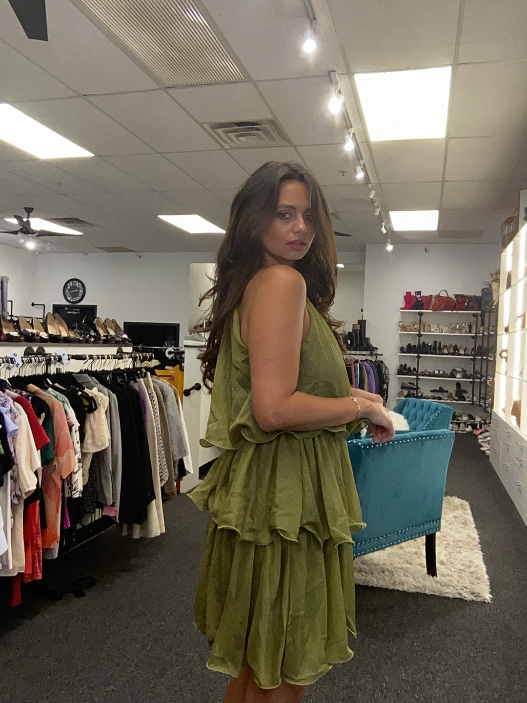 Green 3 Tier Halter Dress Sz S
