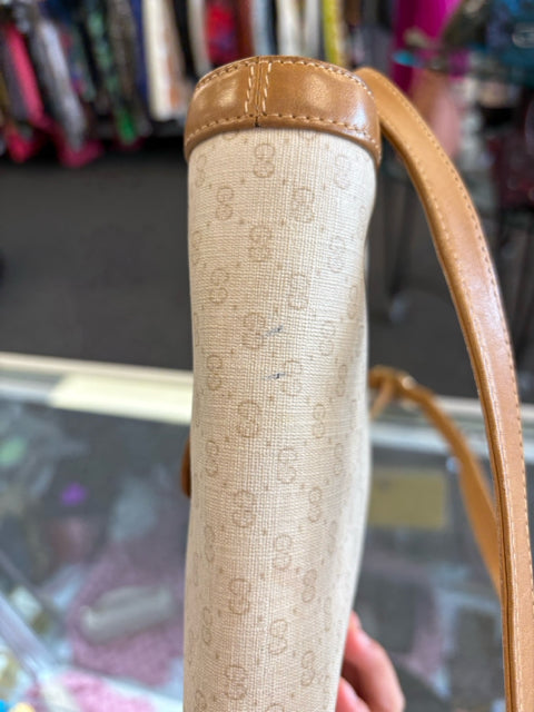 Gucci Vintage GG Cream Micro Guccissima w Tan Leather Crossbody Mini Tote Handbag