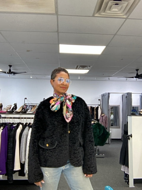 Chic Black Teddy Bear Faux Fur Jacket W Gold Buttons. Size M/L