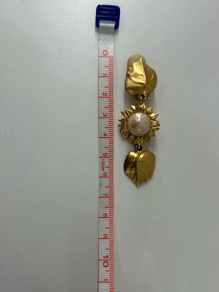 Vintage Karl Lagerfeld Clip On Matte Gold 2" Double Leaf Earrings