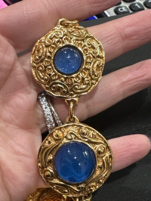 Vintage Chanel Blue & Gold Baroque bracelet 4-blue Gripoix glass cabochons IN BOX Bracelet