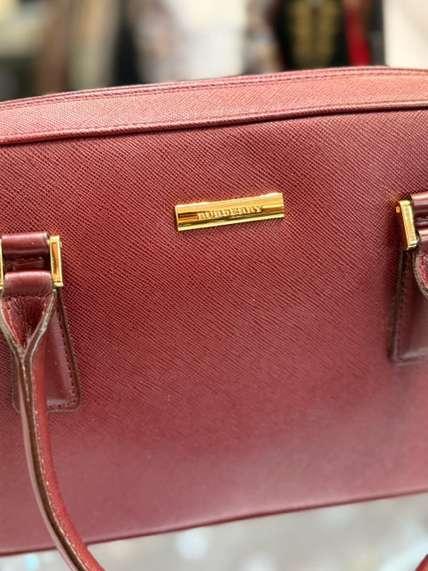 Burberry Red Tote Double Handle Gold Hardware Designer Bag