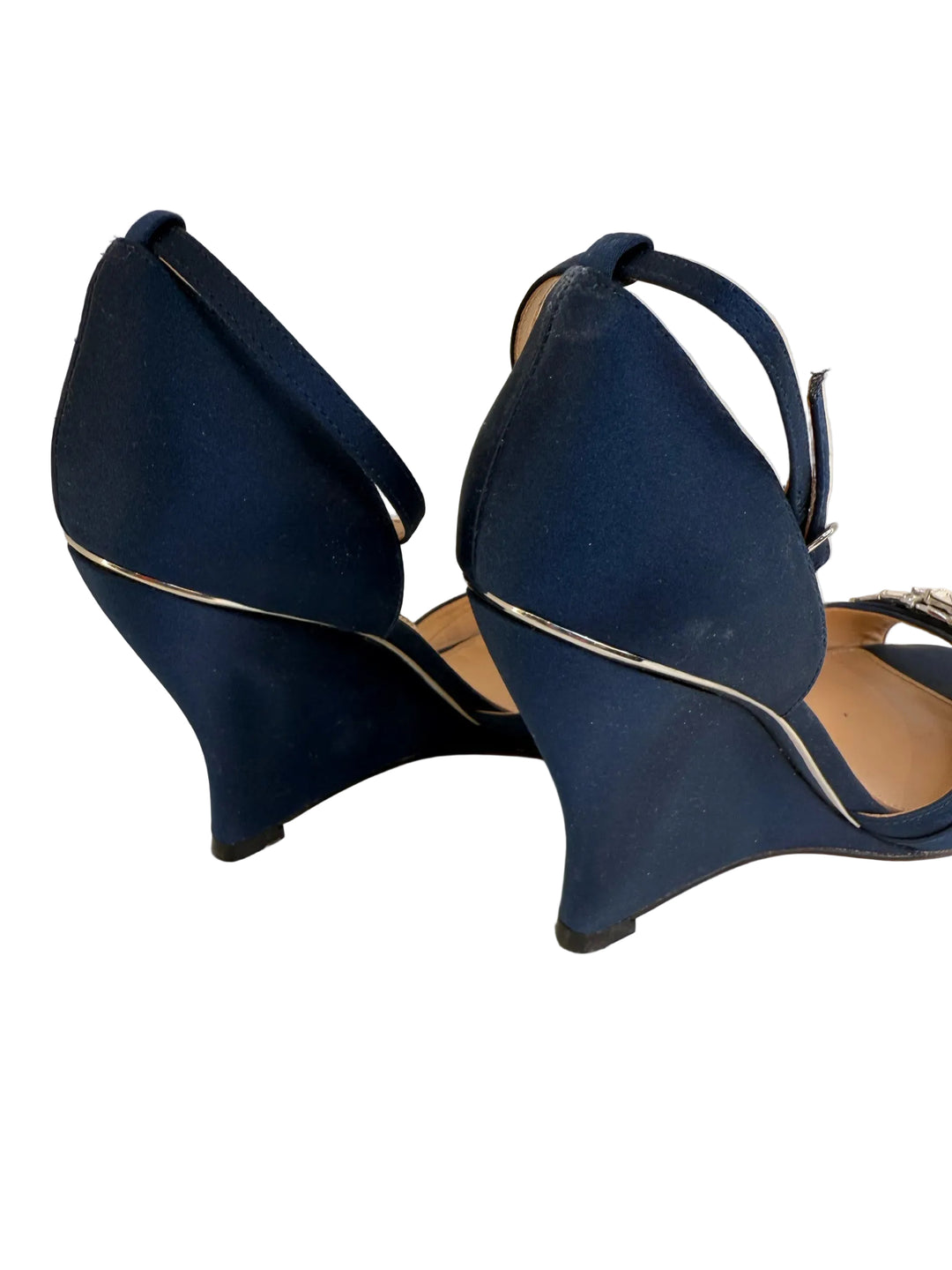 Nina Navy Wedge Satin Sandles Sz 8