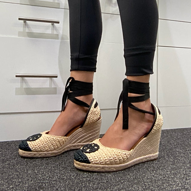 Pre Owned Tory Burch Sz 9 Crochet Toe Cap Wedge Espadrilles Shoes