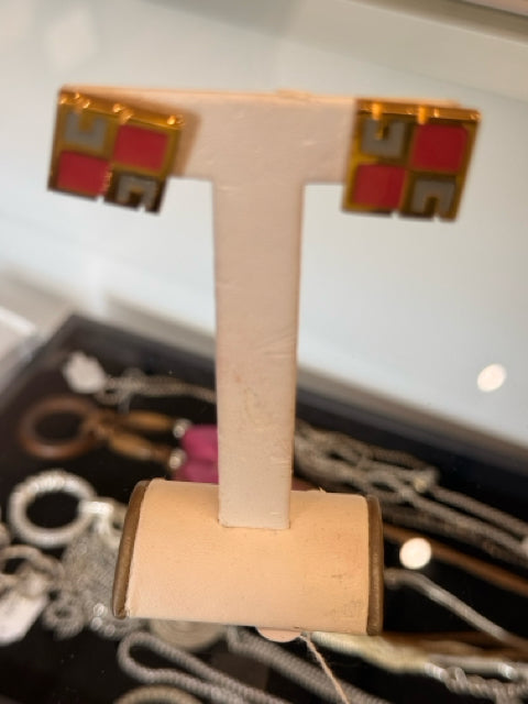 Givenchy Gold VTG Square G Salmon/Gray PARIS/NEW YORK 1978 Designer Earrings
