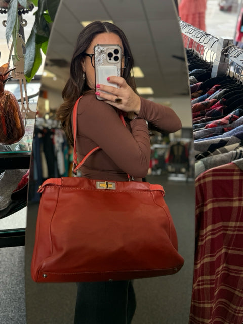 Fendi Leather Oxblood Red Designer Hand Bag w/ Strap