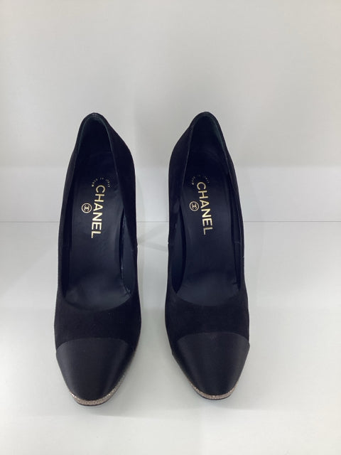 Sz 40 Chanel Multi Media Black Suede Satin Heels Pumps Shoes
