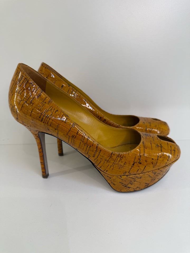Sergio Rossi Coated Cork Peep Toe Pump 4" Heel Shoes Sz 37.5