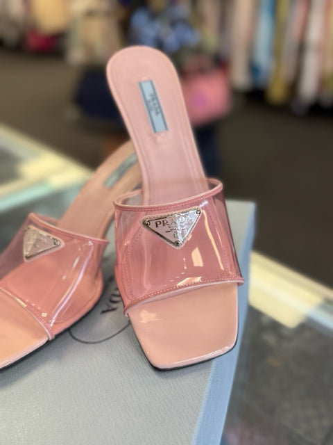 NIB Prada Sz 39.5 Alabastro Plexi & Patent Slide Mule Kitten Heel Shoe Pre Loved