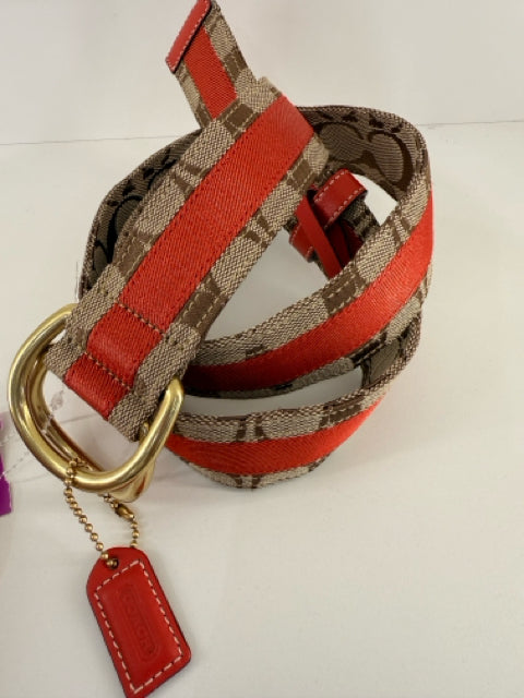 Pre Owned Coach Tan & Orange Fabric 36" Belt w/ Gold Buckle