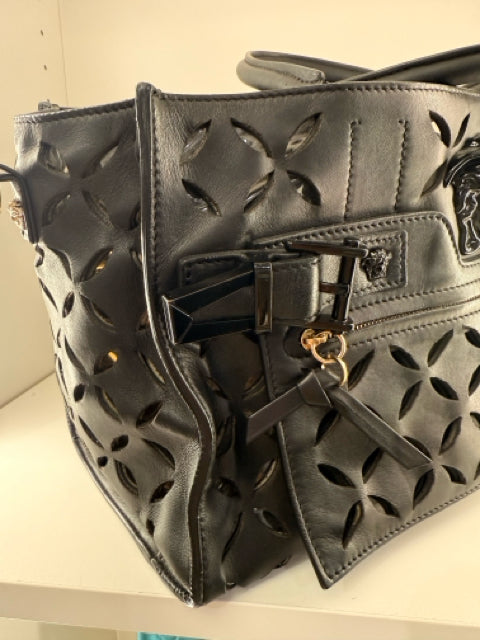 Pre Owned Versace Designer Palazzo Perforated Leather Tote with Shoulder Strap with Madusa Hardware Runway Designer