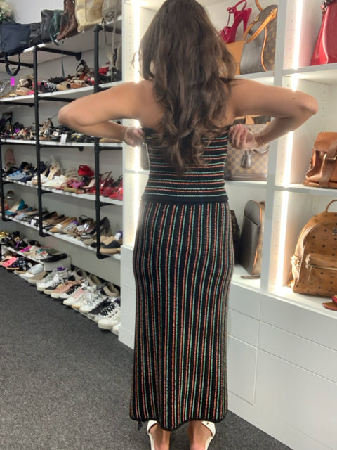 Pre Owned Celendine 2 Piece Black Strapless w/ Orange + Blue Stripe Sz S Set