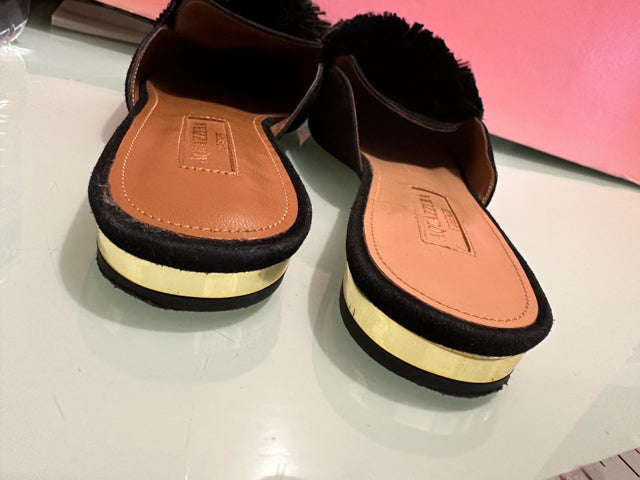 37.5 Aquazzura Designer Suede Pom Pom Mule Flat Slide Shoe