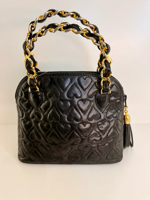 Cosci Black Leather Bag Purse W/ 2 Gold Chain Metal Handle