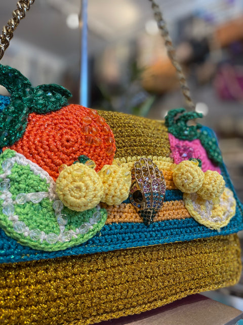 Kurt Geiger Crochet Handbag Flowers Bird Colorful