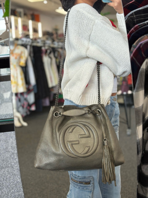 Gucci Leather Gunmetal Soho Chain Totes Hand Bag