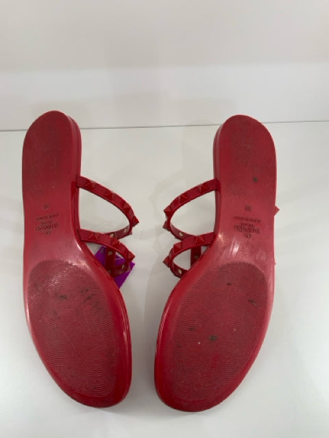Pre Owned Valentino Garavani Size 38 Red Sandals featuring the iconic Rockstud design in a stylish jelly material.