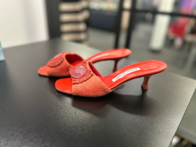 Manolo Blahnik Sz 39 Orange Kitten Heels Sandals Shoe