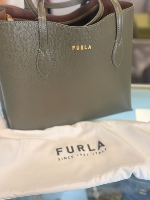 Pre Loved Furla Olive Leather Tote Bag.
